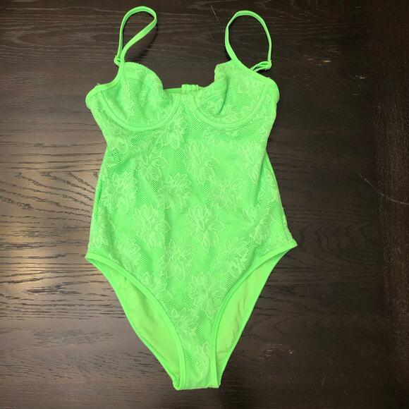 Aerie Lace Underwire One Piece Swimsuit neon green cutout back sz small - Picture 5 of 10